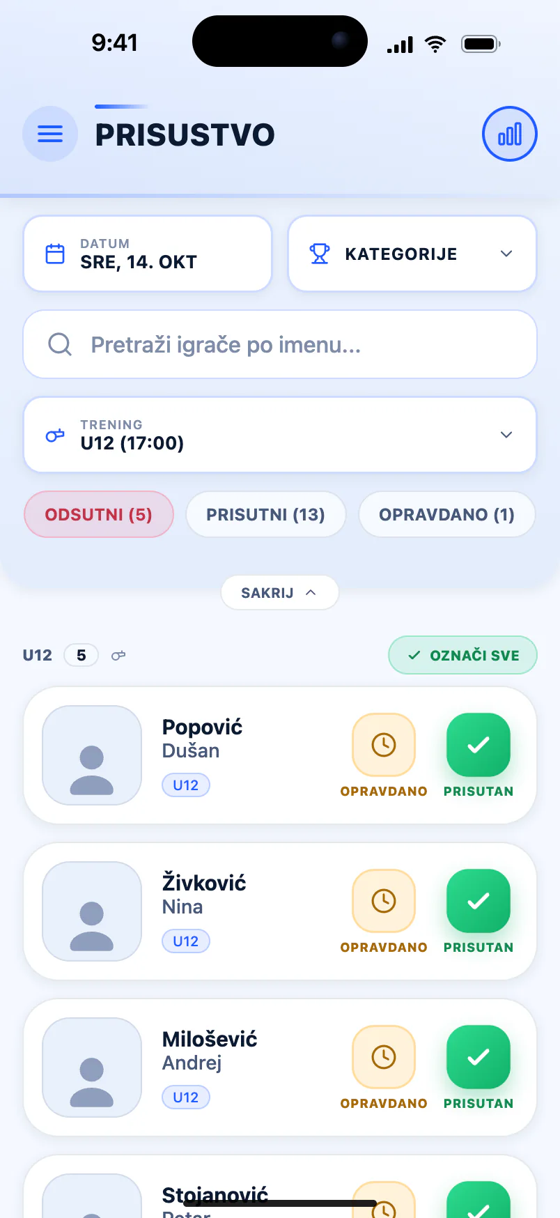 Attendance screen — one tap per player at training: present or excused