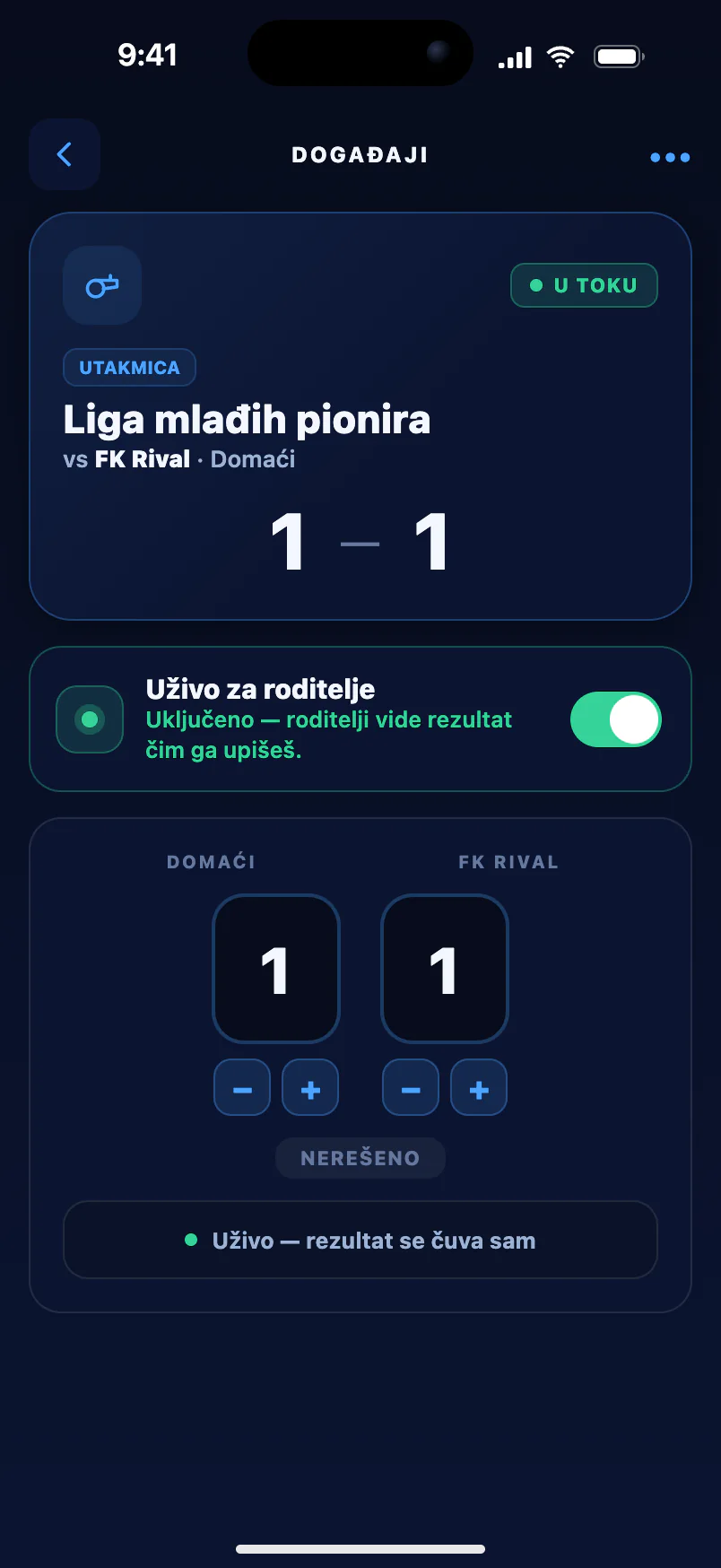 Match in progress — a live score parents follow