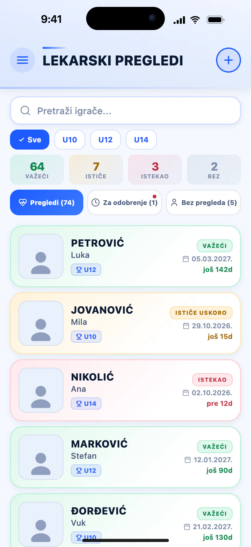 Player medical checks — valid, expiring soon and expired, with expiry dates