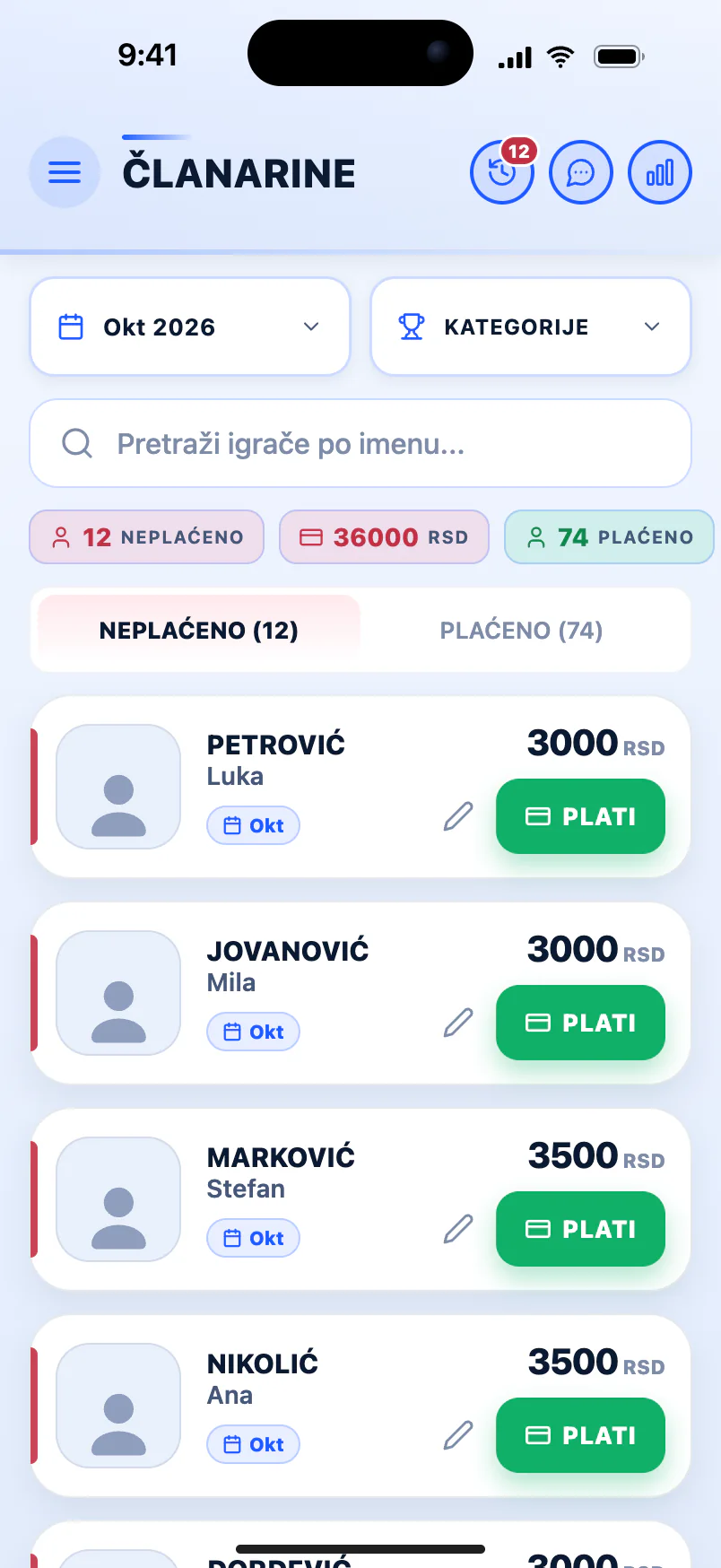 Ekran Članarine — neplaćene članarine za oktobar sa dugmetom Plati pored svakog igrača