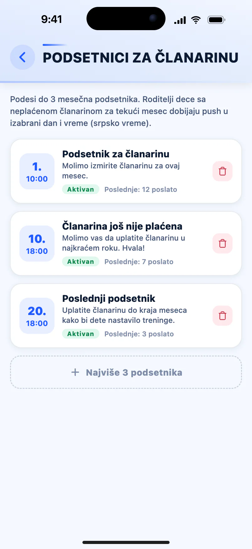 Fee reminders — automatic messages to parents on a chosen day and time