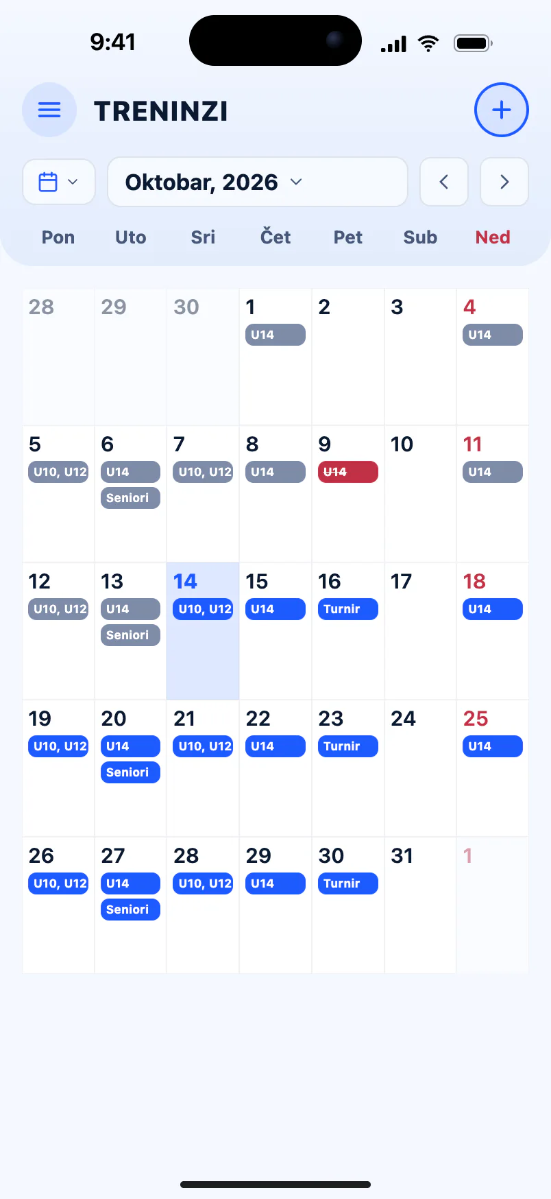 Kalendar treninga za ceo mesec, sa kategorijama na svakom terminu