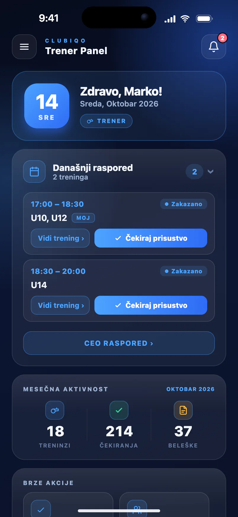 Trenerski panel — današnji treninzi i čekiranje prisustva