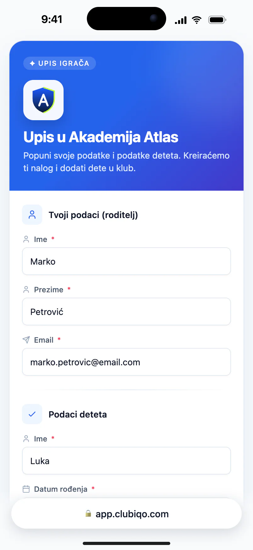 Forma „Upis u klub” na telefonu roditelja — podaci roditelja i deteta