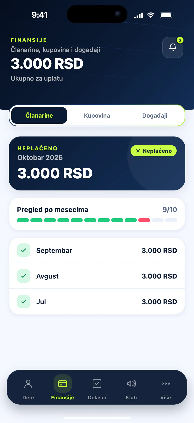 Parent app — the October fee and a month-by-month payment history
