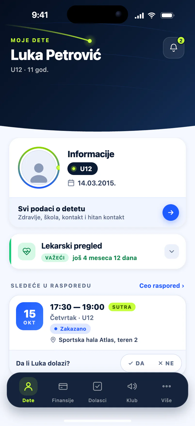 Parent app — the child’s medical check, next session and RSVP