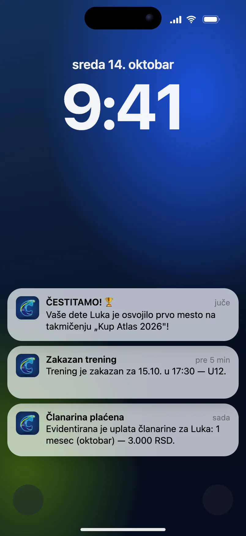 Push obaveštenja iz kluba na zaključanom ekranu roditelja — uplata, trening, osvojeno mesto